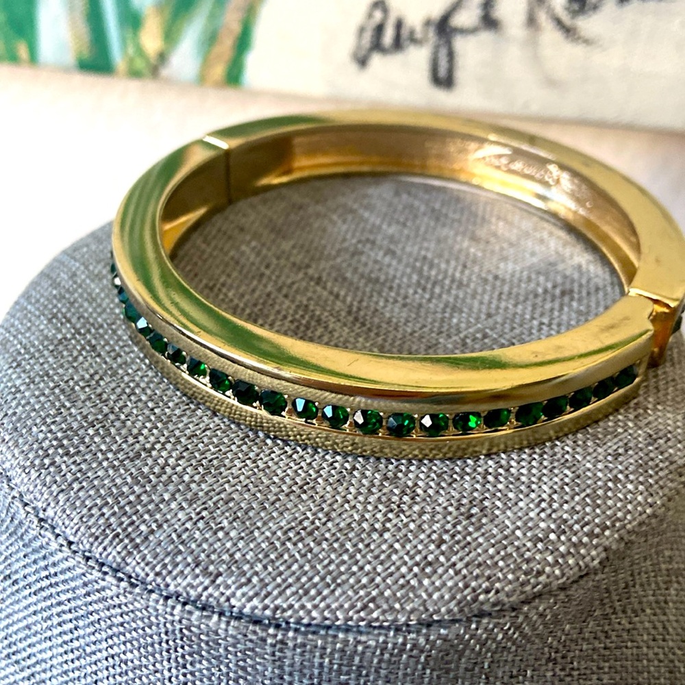 Vintage 90s Gold Toned Alloy & Green Rhinestoned Hinged Bracelet